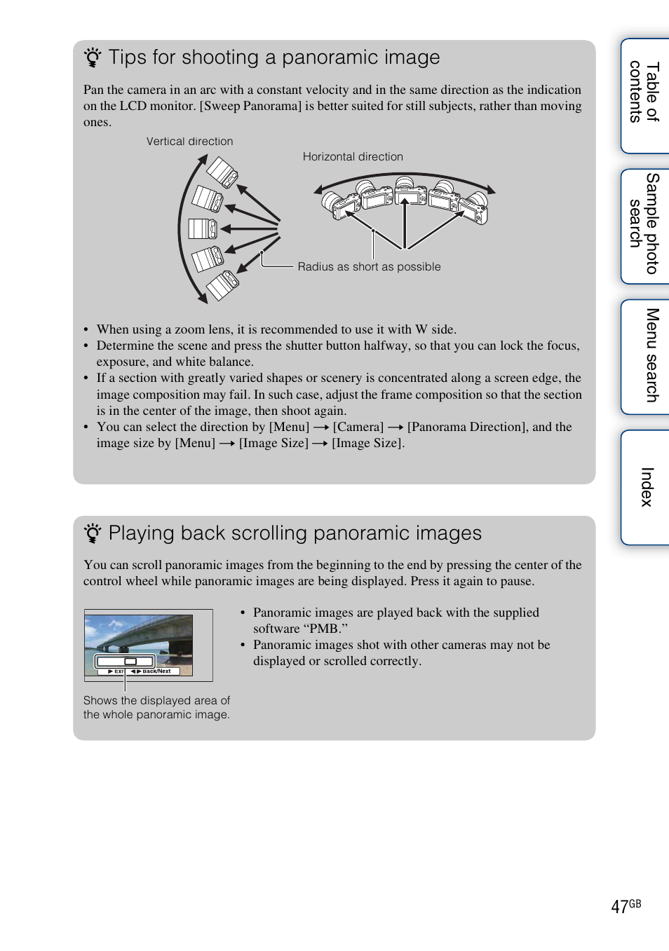 Tips for shooting a panoramic image, Playing back scrolling panoramic images | Sony NEX-3 User Manual | Page 47 / 159