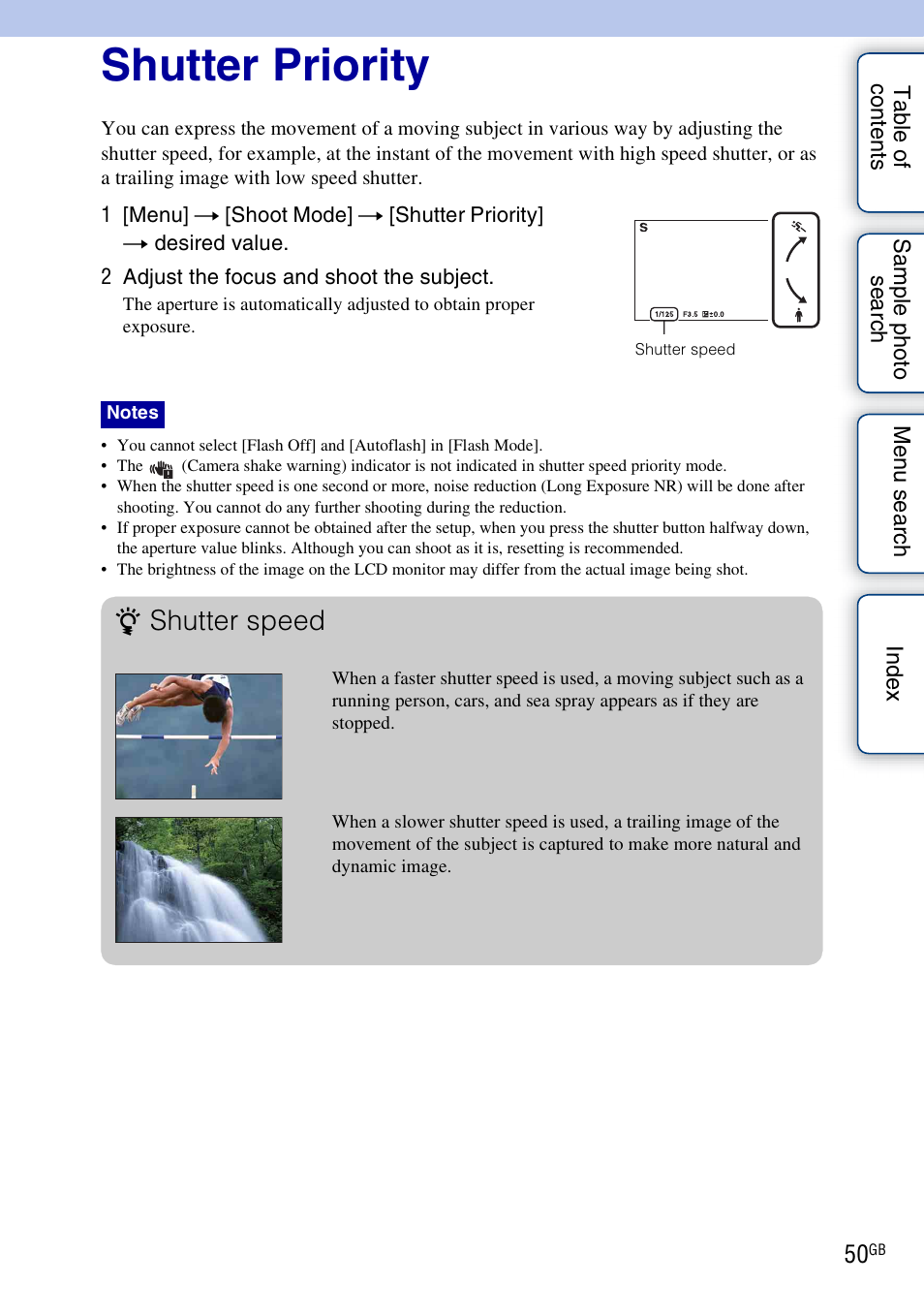 Shutter priority, Shutter speed | Sony NEX-3 User Manual | Page 50 / 159