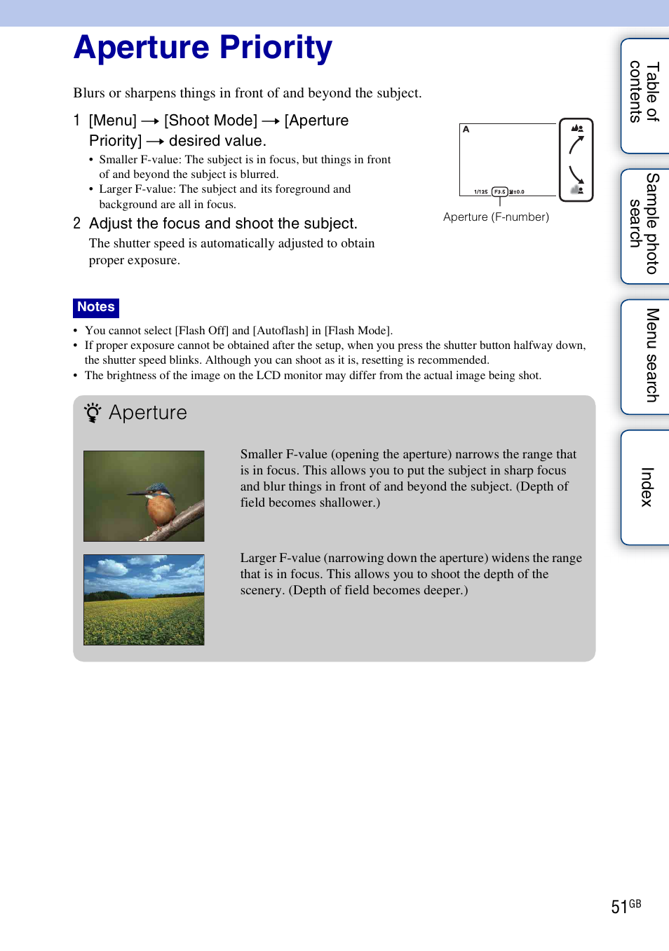 Aperture priority, Aperture | Sony NEX-3 User Manual | Page 51 / 159