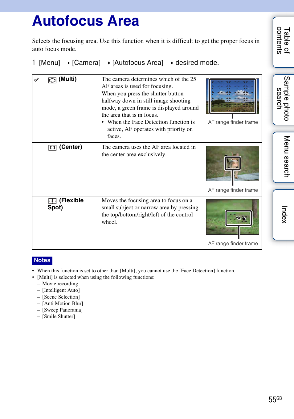 Autofocus area | Sony NEX-3 User Manual | Page 55 / 159