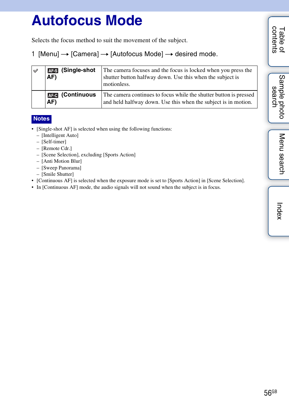 Autofocus mode | Sony NEX-3 User Manual | Page 56 / 159