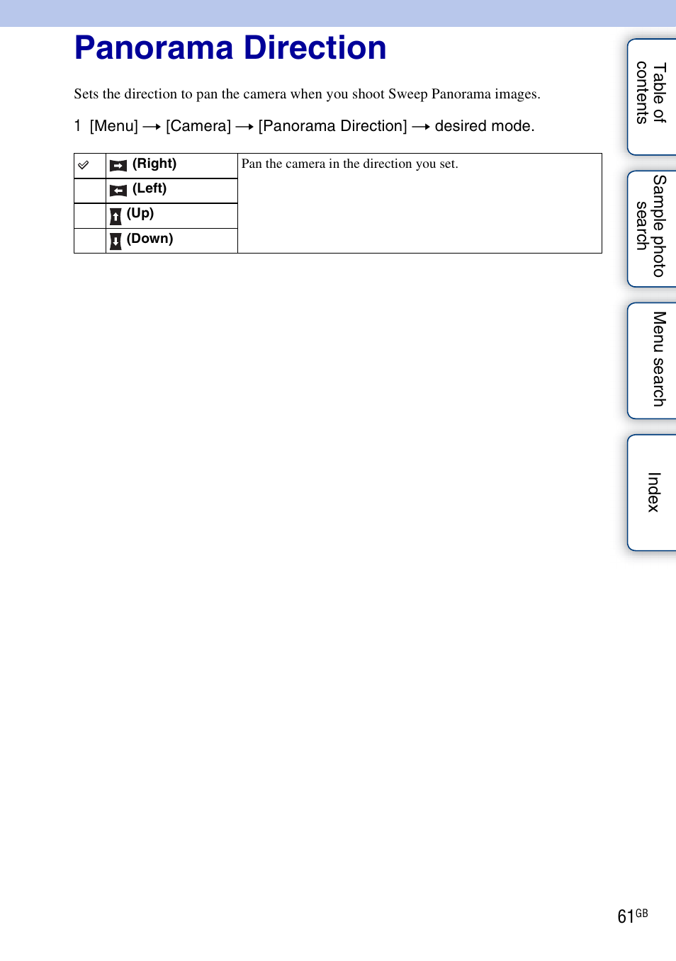 Panorama direction | Sony NEX-3 User Manual | Page 61 / 159