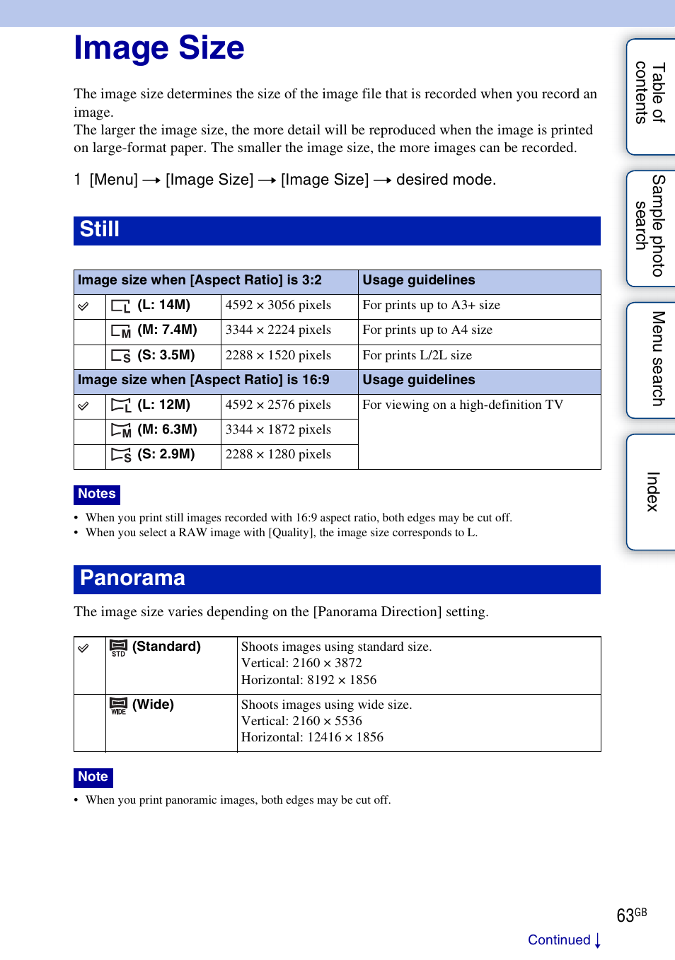 Image size, Still, Panorama | Sony NEX-3 User Manual | Page 63 / 159