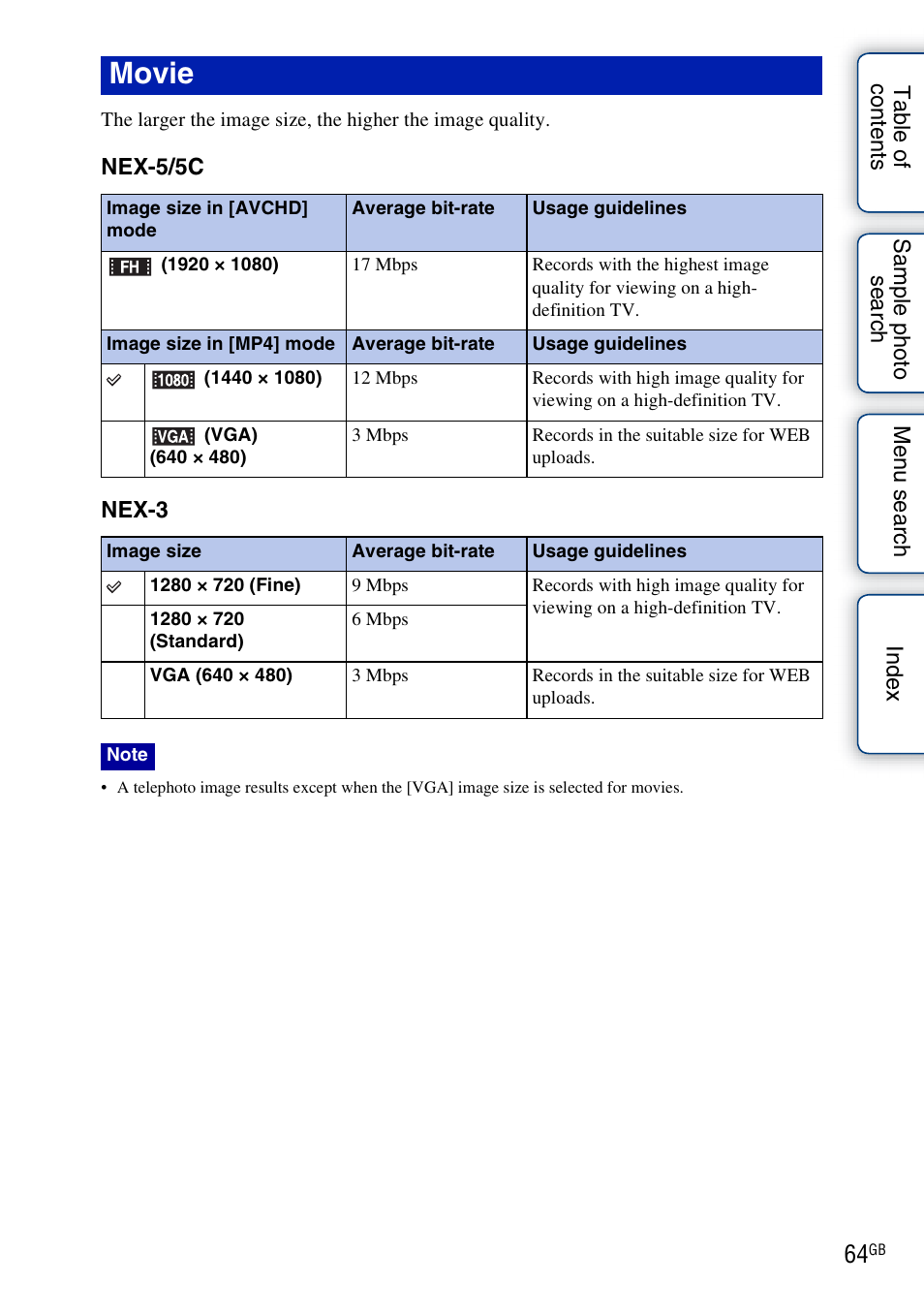 Movie | Sony NEX-3 User Manual | Page 64 / 159