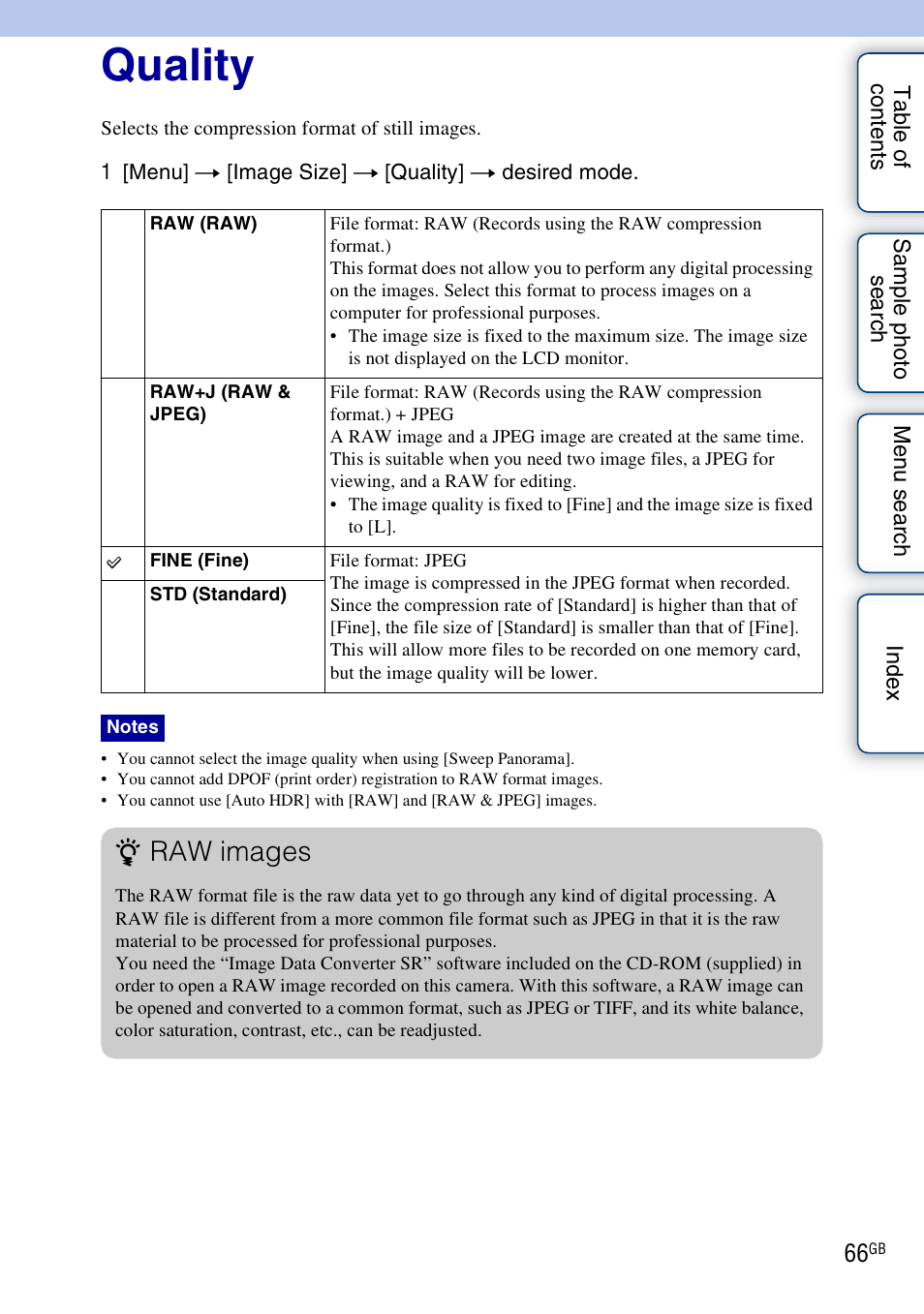Quality, Raw images | Sony NEX-3 User Manual | Page 66 / 159