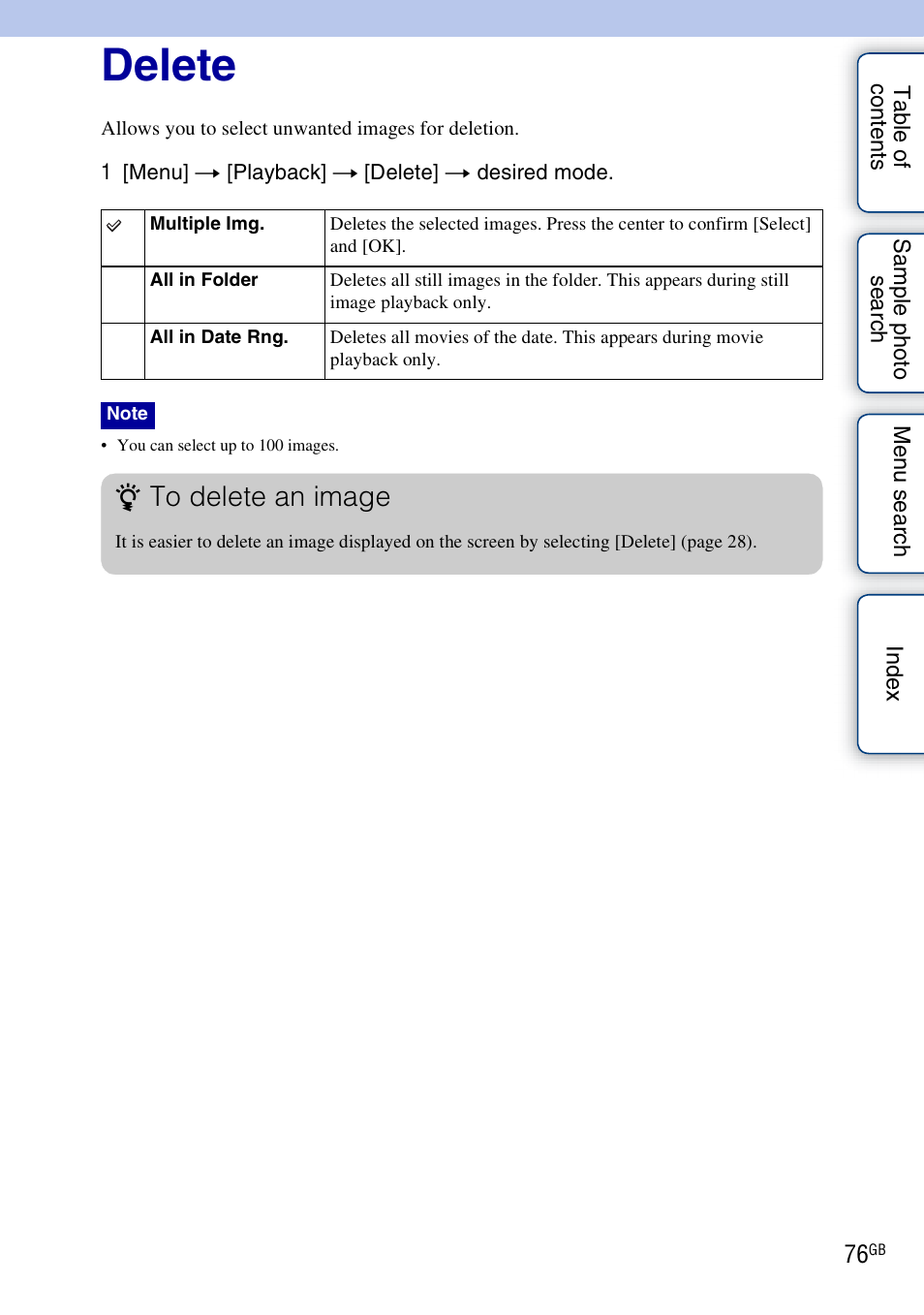 Delete | Sony NEX-3 User Manual | Page 76 / 159