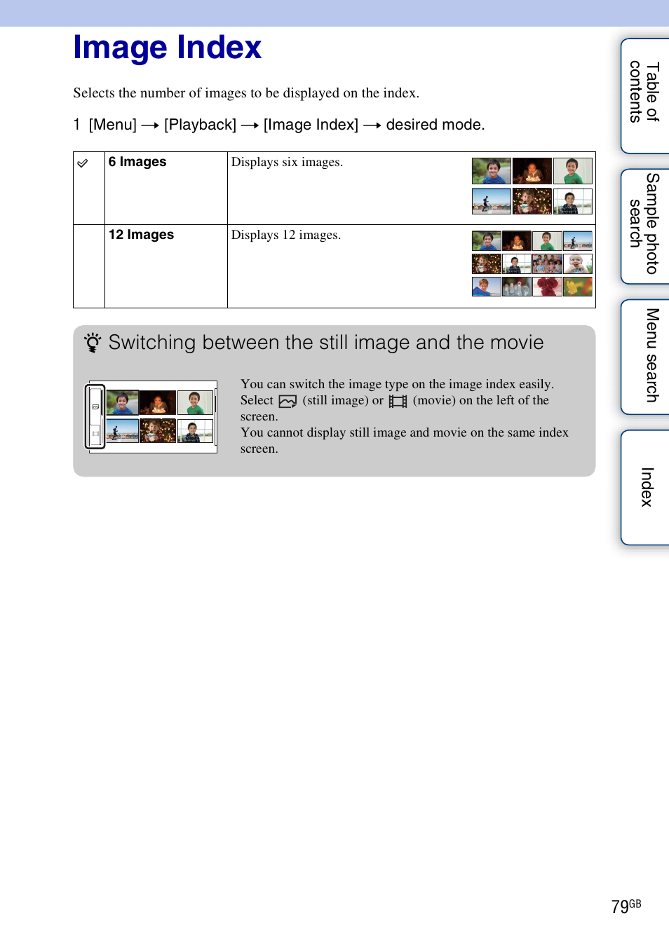 Image index, Switching between the still image and the movie | Sony NEX-3 User Manual | Page 79 / 159