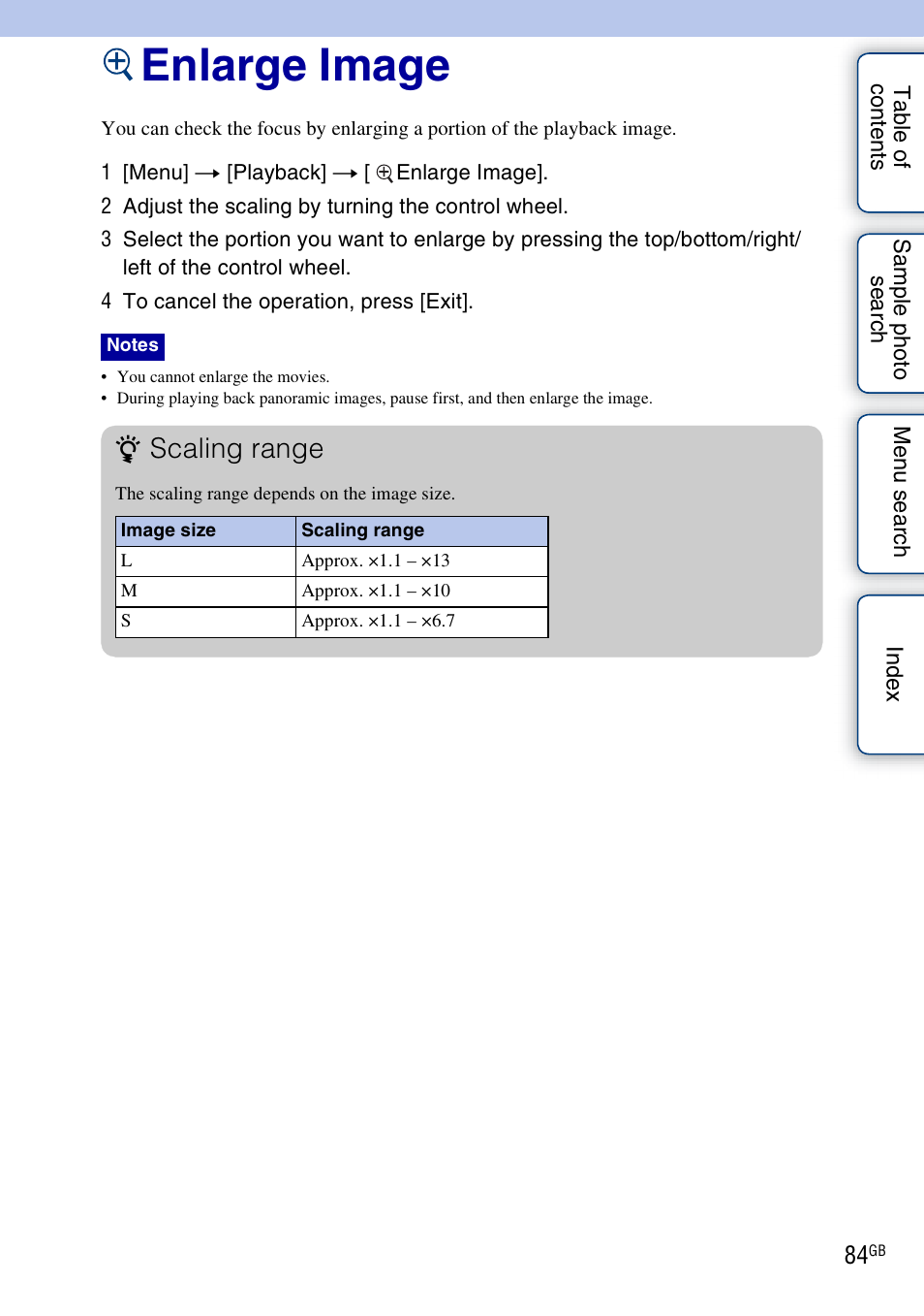 Enlarge image, Scaling range | Sony NEX-3 User Manual | Page 84 / 159