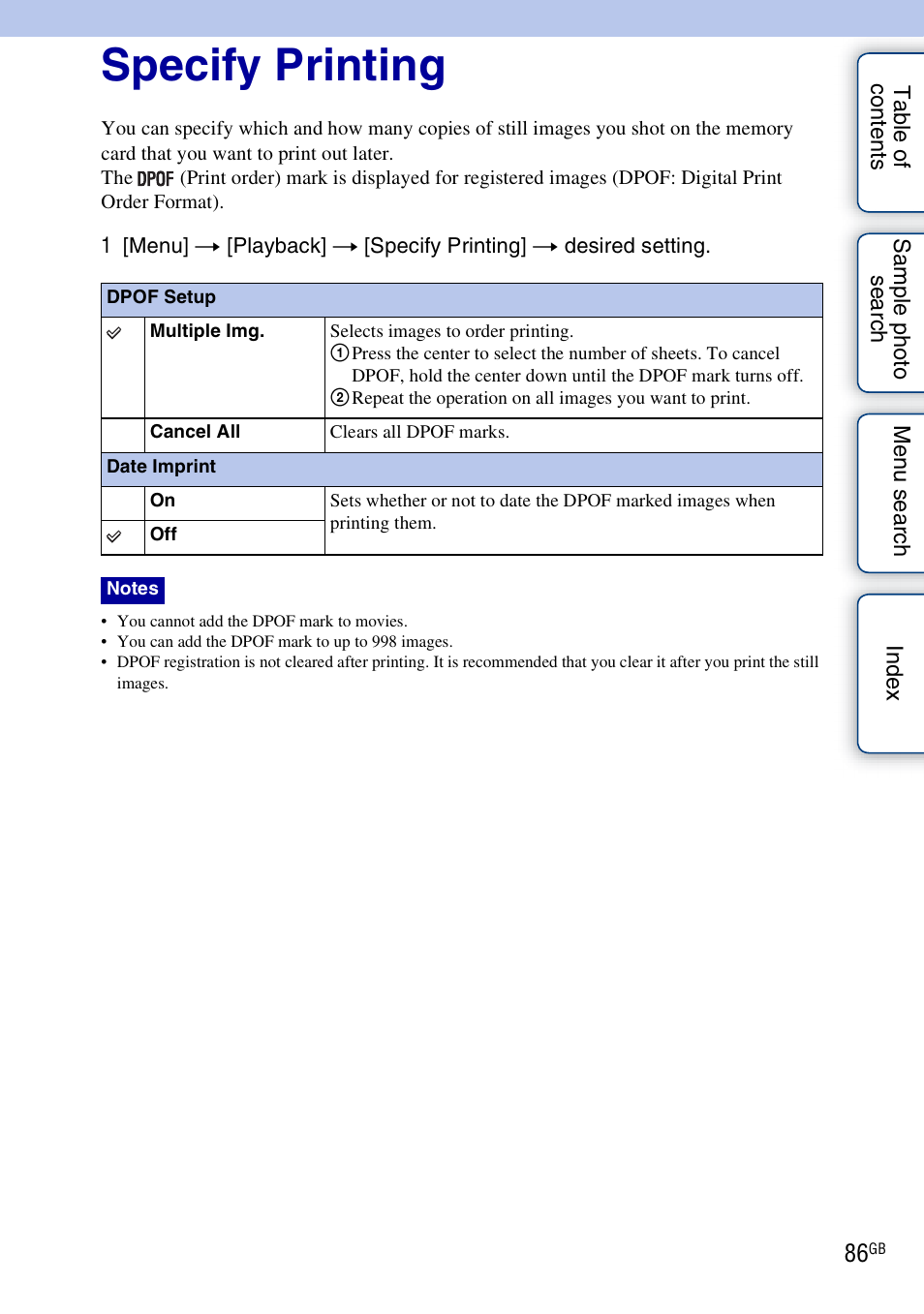 Specify printing | Sony NEX-3 User Manual | Page 86 / 159