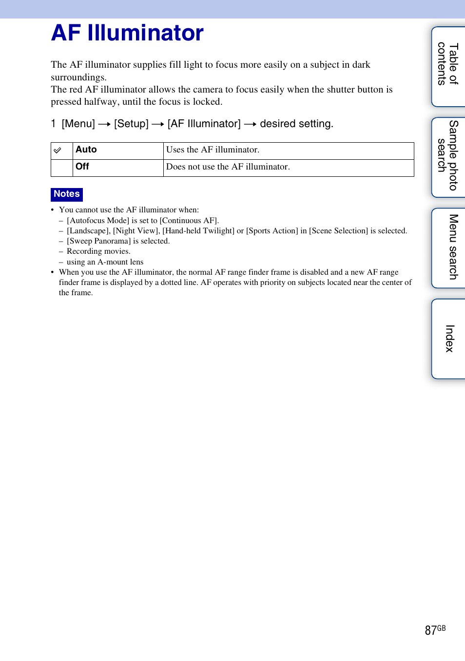 Af illuminator | Sony NEX-3 User Manual | Page 87 / 159