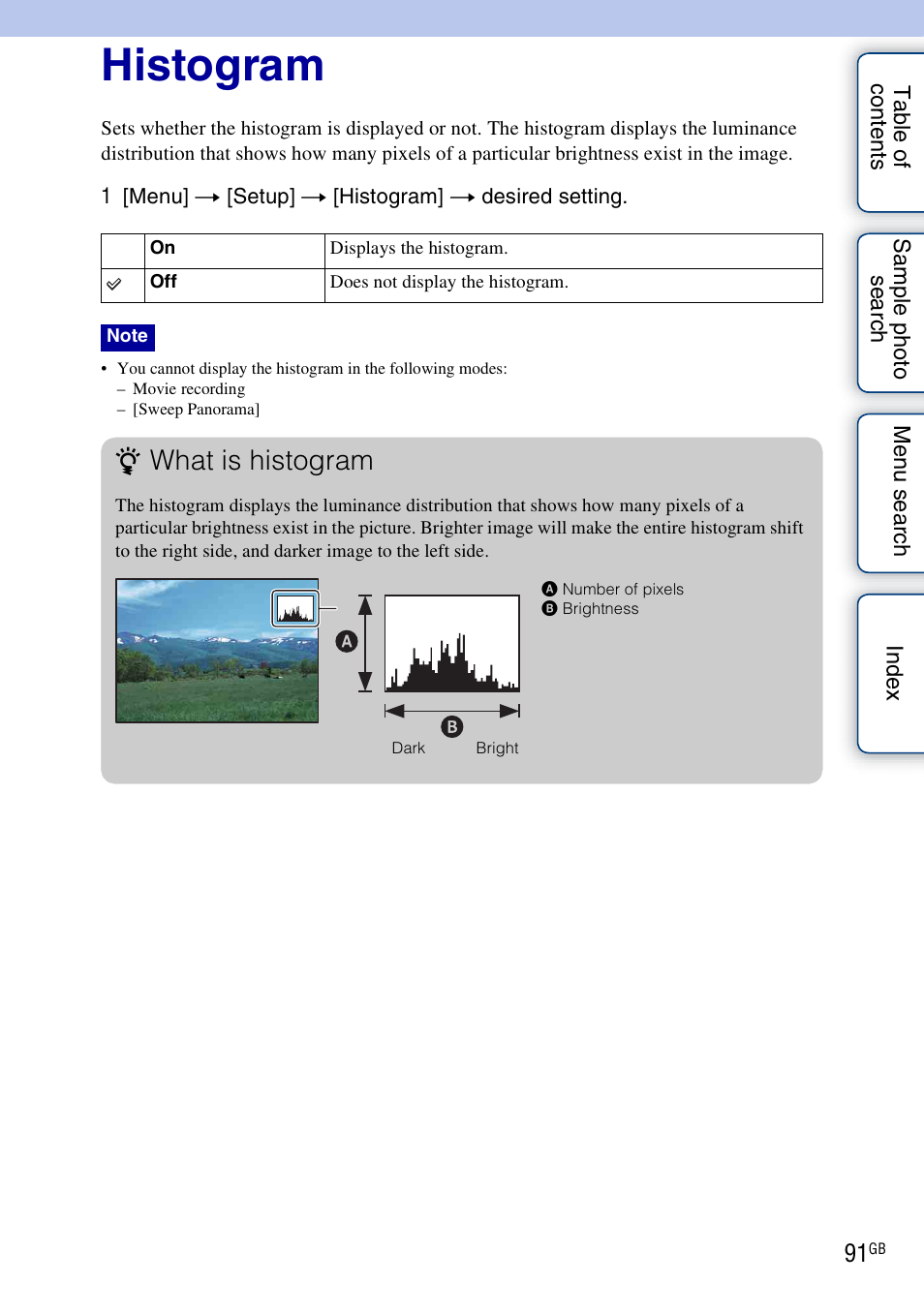 Histogram, What is histogram | Sony NEX-3 User Manual | Page 91 / 159