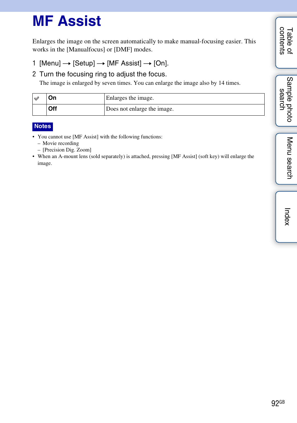 Mf assist | Sony NEX-3 User Manual | Page 92 / 159