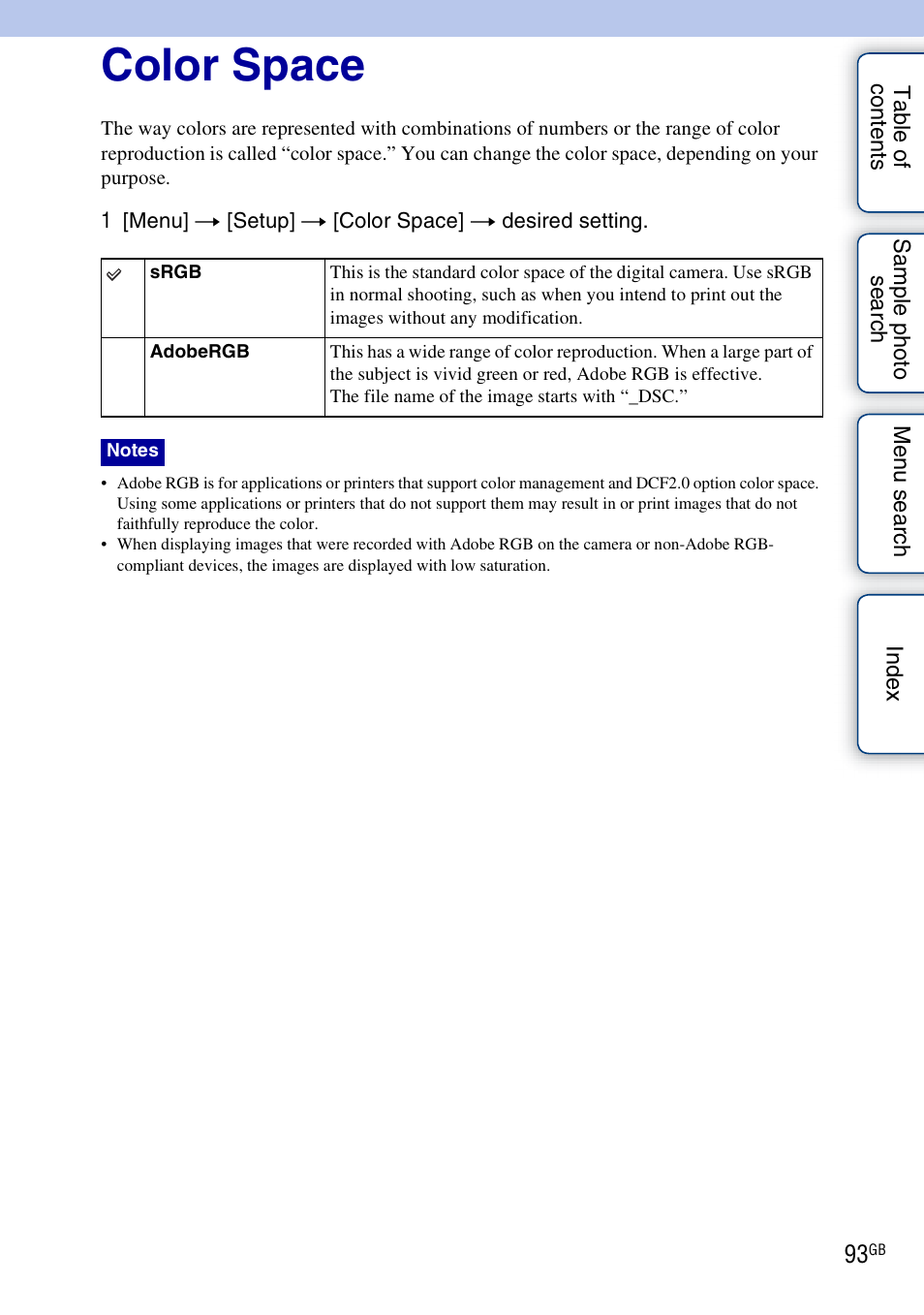 Color space | Sony NEX-3 User Manual | Page 93 / 159