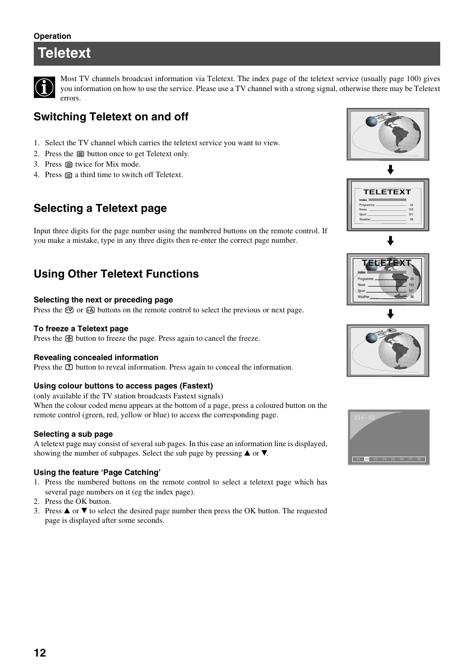 Teletext, Switching teletext on and off, Selecting a teletext page | Using other teletext functions | Sony KV-28FX65 U User Manual | Page 14 / 28