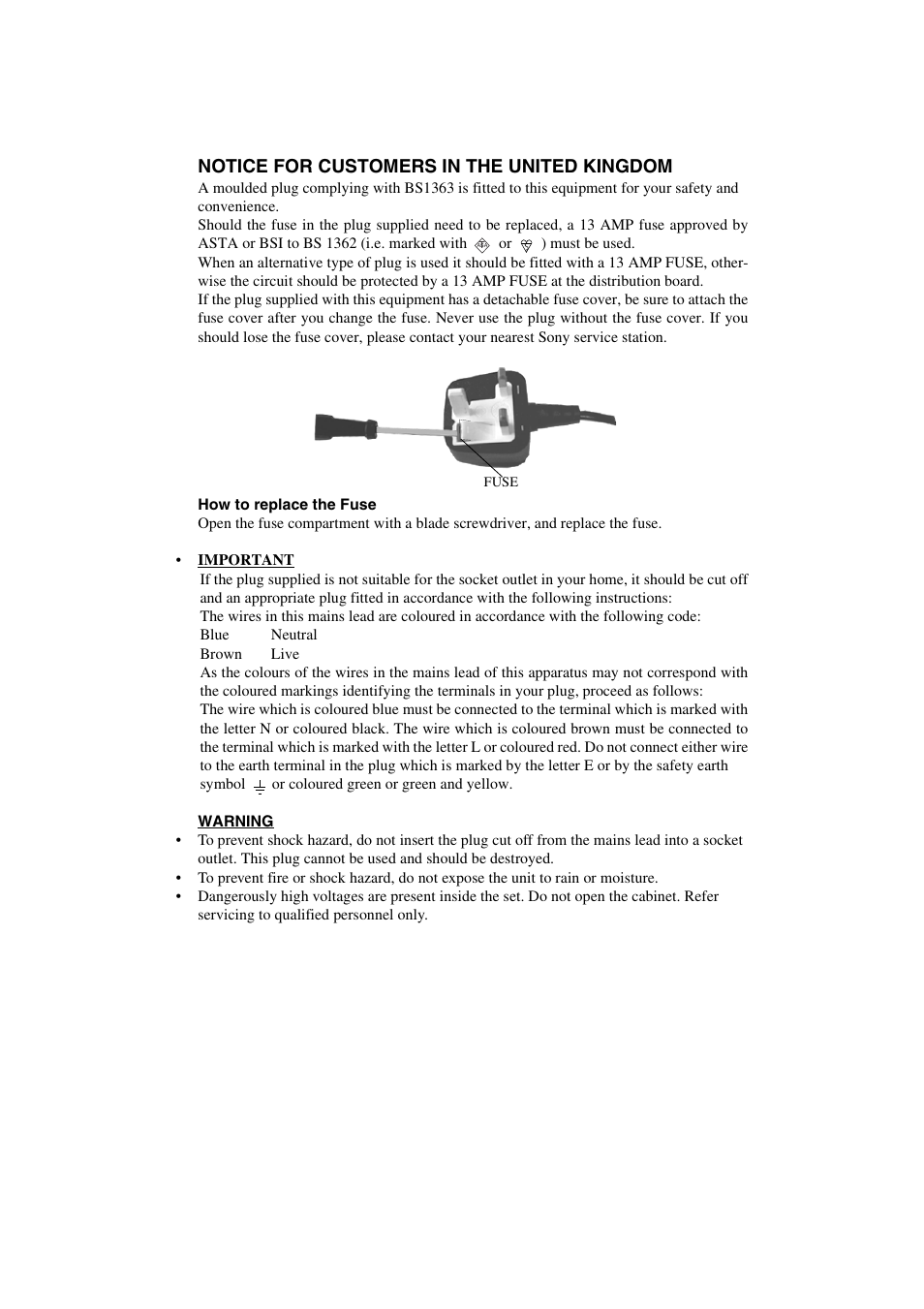 Notice for customers in the united kingdom | Sony KV-28FX65 U User Manual | Page 2 / 28