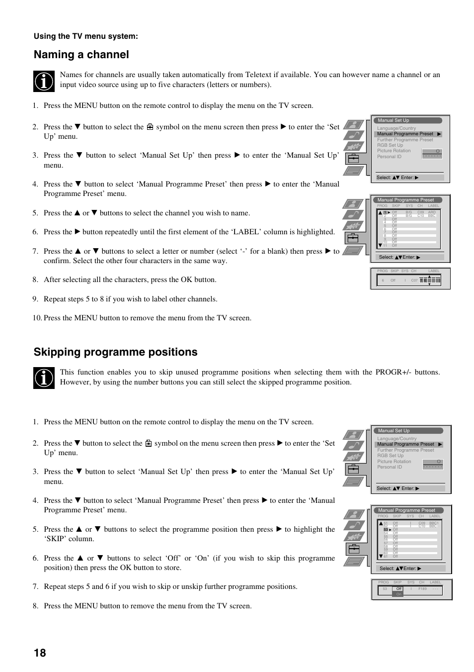 Naming a channel, Skipping programme positions, Using the tv menu system | Sony KV-28FX65 U User Manual | Page 20 / 28