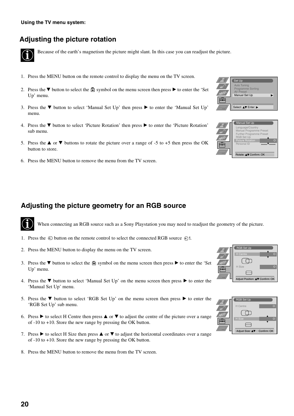 Adjusting the picture geometry for an rgb source, Adjusting the picture rotation | Sony KV-28FX65 U User Manual | Page 22 / 28