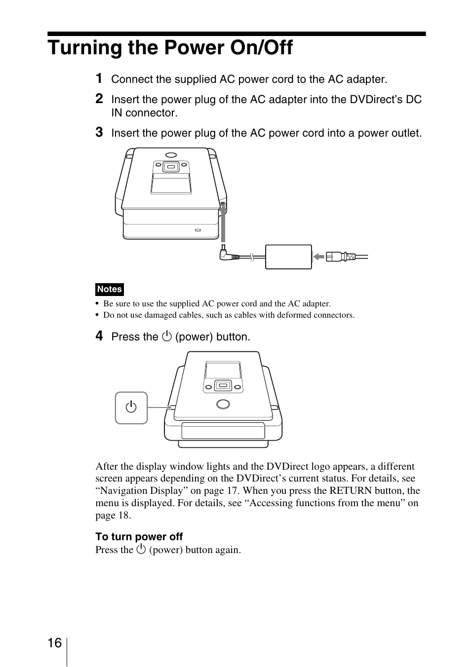 Turning the power on/off | Sony VRD-MC5 User Manual | Page 16 / 84