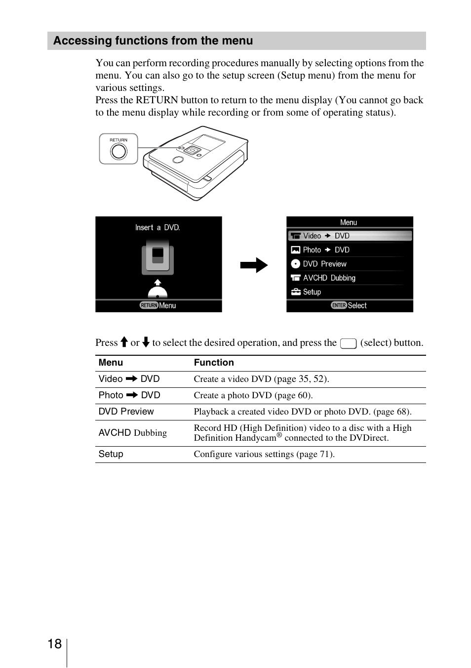 Accessing functions from the menu, Accessing functions from, The menu | Sony VRD-MC5 User Manual | Page 18 / 84