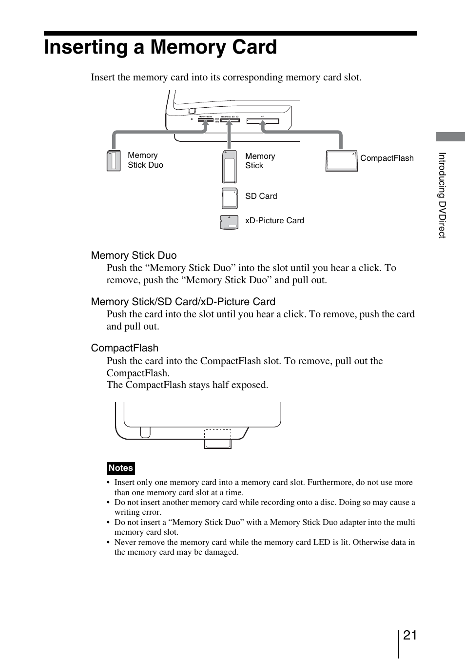 Inserting a memory card | Sony VRD-MC5 User Manual | Page 21 / 84