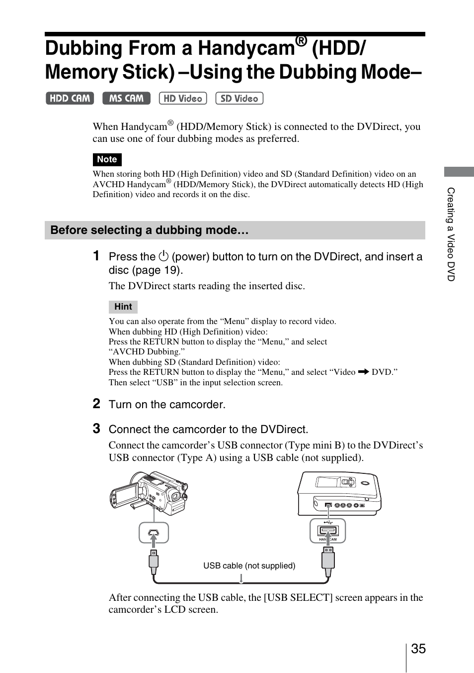 Before selecting a dubbing mode, Dubbing from a handycam, Before selecting a dubbing | Mode | Sony VRD-MC5 User Manual | Page 35 / 84
