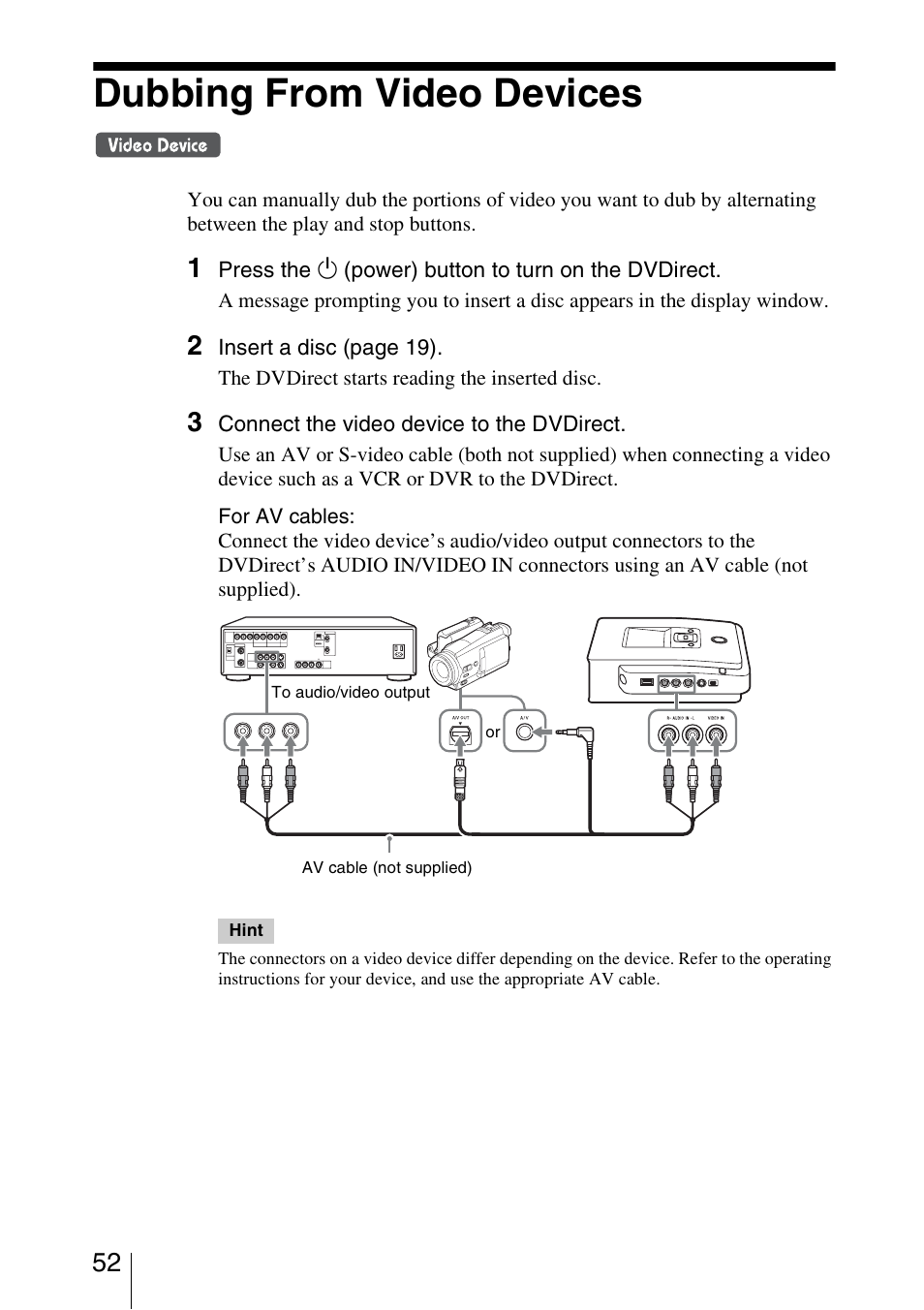 Dubbing from video devices | Sony VRD-MC5 User Manual | Page 52 / 84