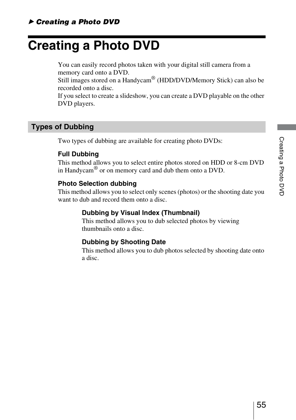 Creating a photo dvd, Types of dubbing | Sony VRD-MC5 User Manual | Page 55 / 84