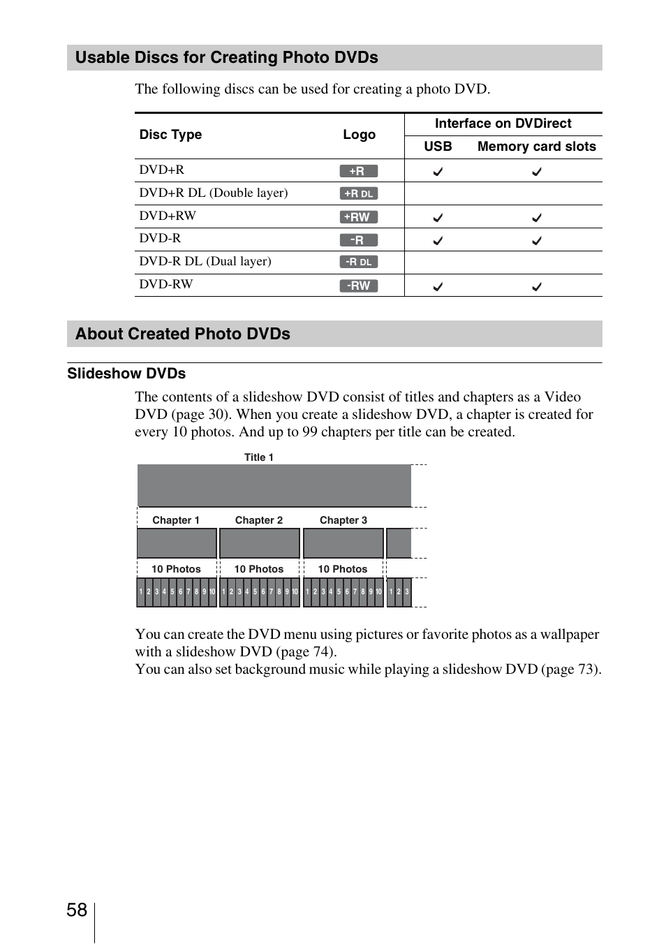 Usable discs for creating photo dvds, About created photo dvds | Sony VRD-MC5 User Manual | Page 58 / 84