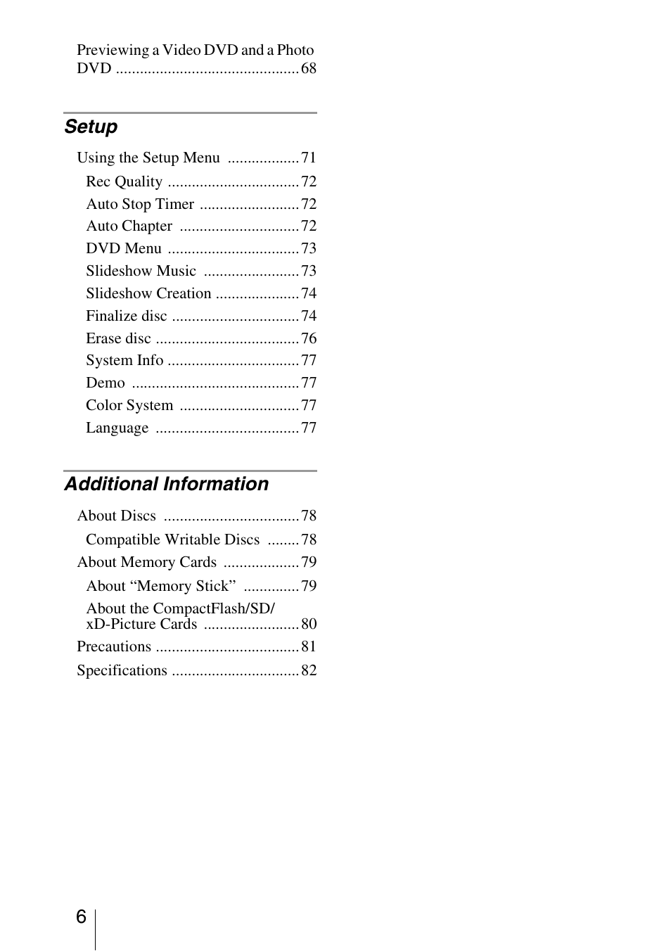 Setup, Additional information | Sony VRD-MC5 User Manual | Page 6 / 84