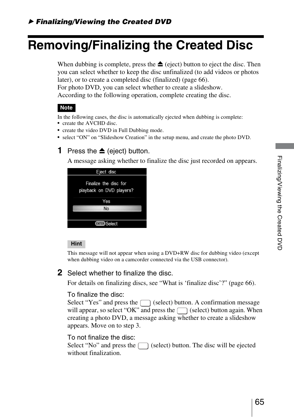 Finalizing/viewing the created dvd, Removing/finalizing the created disc | Sony VRD-MC5 User Manual | Page 65 / 84