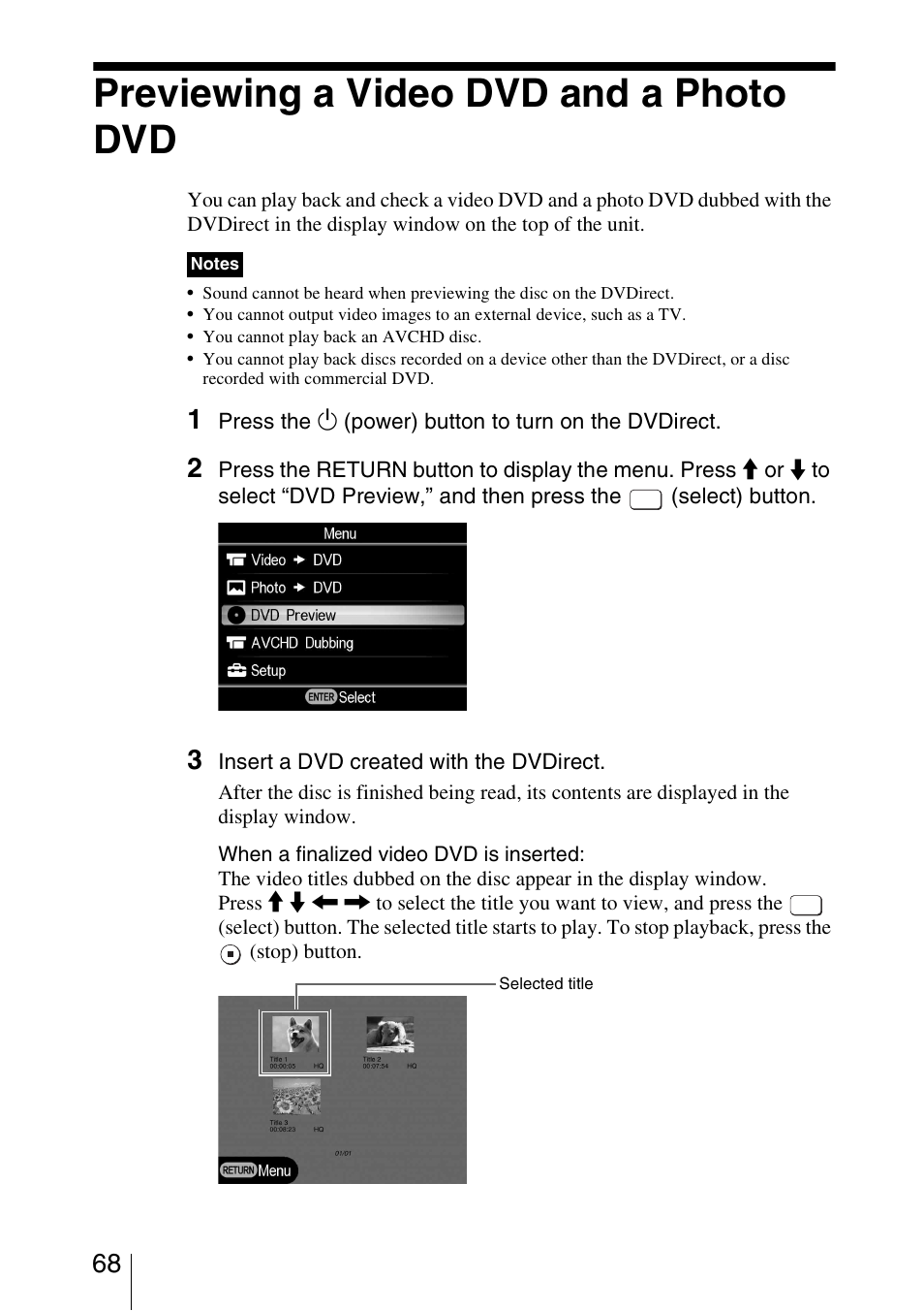 Previewing a video dvd and a photo dvd | Sony VRD-MC5 User Manual | Page 68 / 84