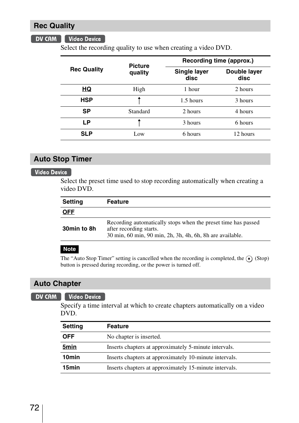 Rec quality, Auto stop timer, Auto chapter | Sony VRD-MC5 User Manual | Page 72 / 84