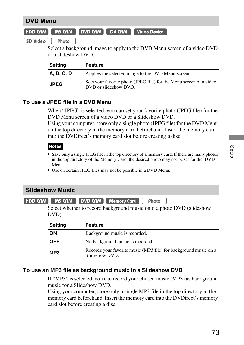 Dvd menu, Slideshow music | Sony VRD-MC5 User Manual | Page 73 / 84