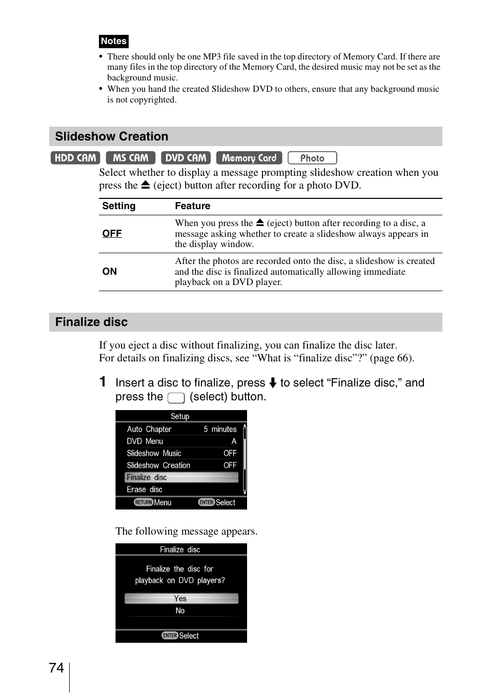 Slideshow creation, Finalize disc | Sony VRD-MC5 User Manual | Page 74 / 84