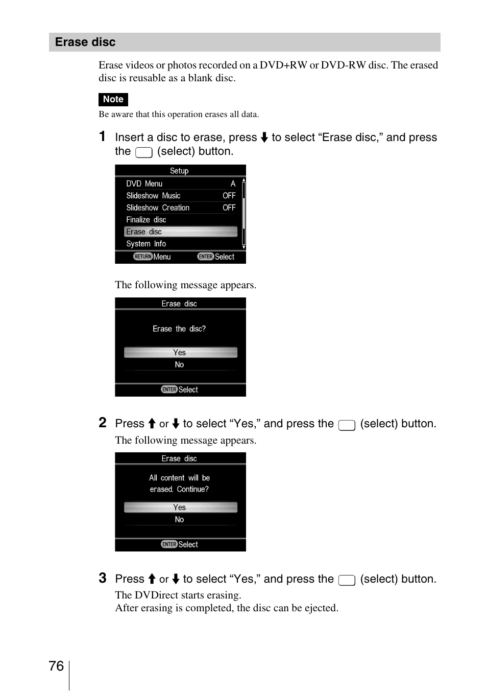 Erase disc | Sony VRD-MC5 User Manual | Page 76 / 84