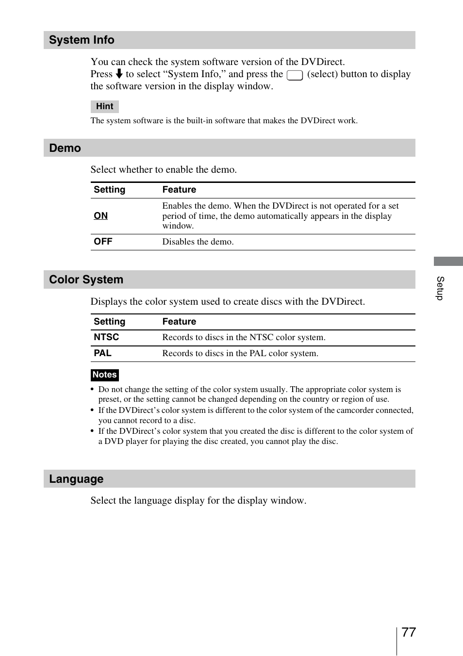 System info, Demo, Color system | Language | Sony VRD-MC5 User Manual | Page 77 / 84