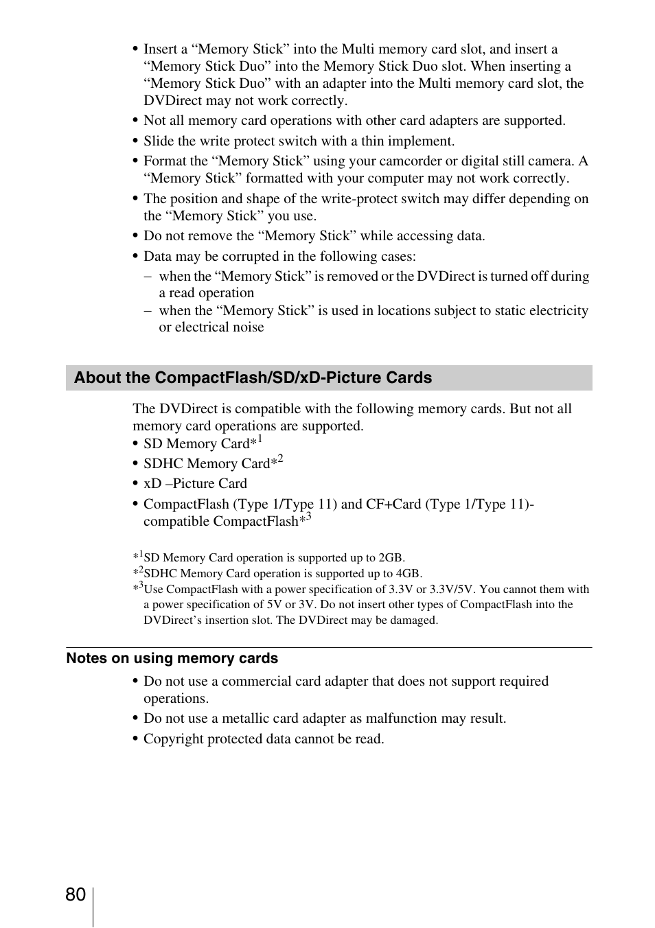About the compactflash/sd/xd-picture cards, About the compactflash/sd, Xd-picture cards | Sony VRD-MC5 User Manual | Page 80 / 84
