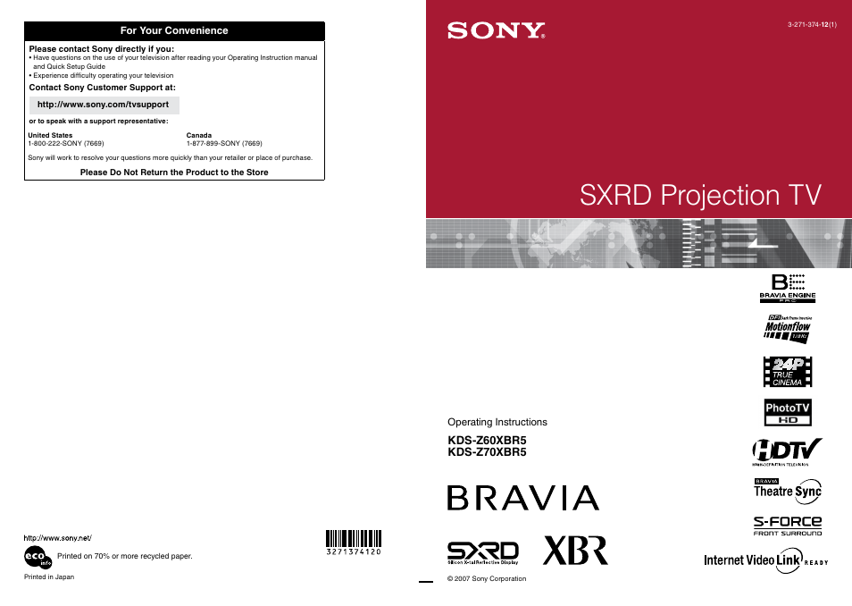 Sony KDS-Z60XBR5 User Manual | 59 pages