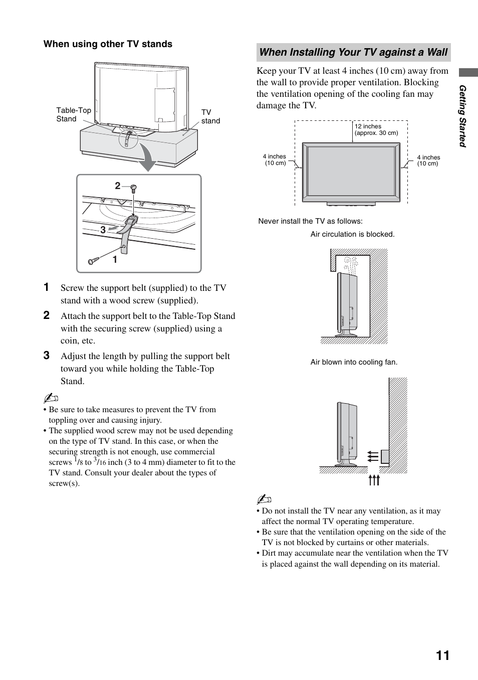 When installing your tv against a wall | Sony KDS-Z60XBR5 User Manual | Page 11 / 59