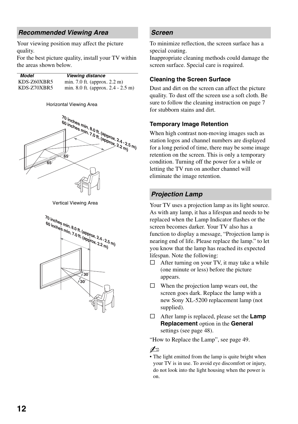 Recommended viewing area, Screen, Projection lamp | Screen projection lamp | Sony KDS-Z60XBR5 User Manual | Page 12 / 59