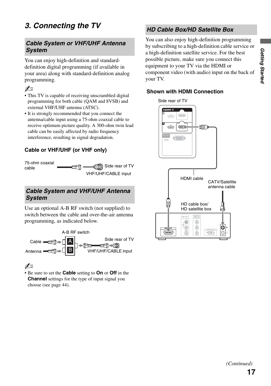 Connecting the tv, Cable system or vhf/uhf antenna system, Cable system and vhf/uhf antenna system | Hd cable box/hd satellite box, Cable system or vhf/uhf antenna, System, Cable system and vhf/uhf antenna | Sony KDS-Z60XBR5 User Manual | Page 17 / 59