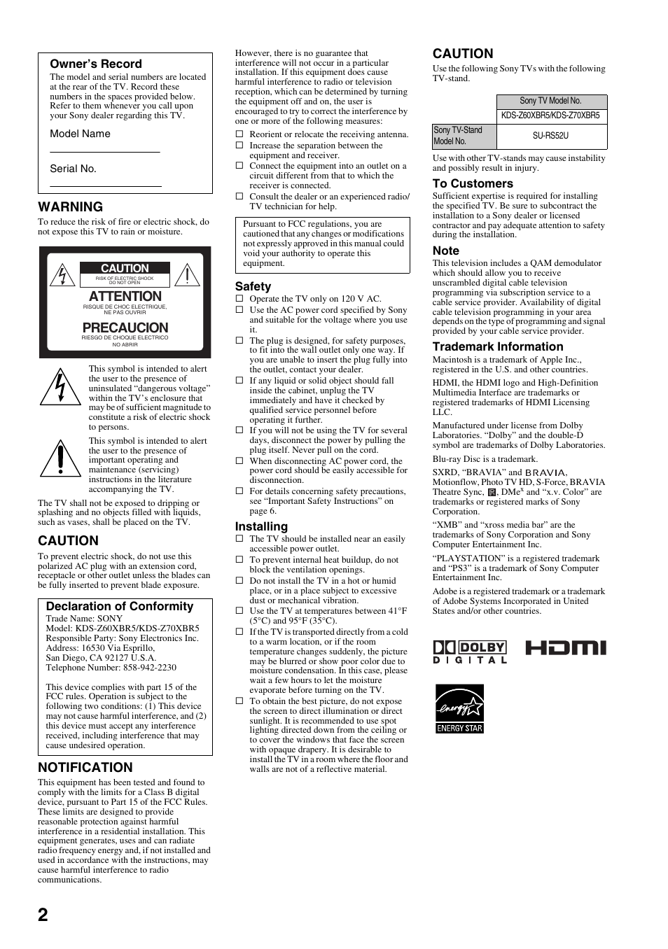 Warning, Caution, Notification | Attention, Precaucion, Safety, Installing, Trademark information, Owner’s record, Declaration of conformity | Sony KDS-Z60XBR5 User Manual | Page 2 / 59