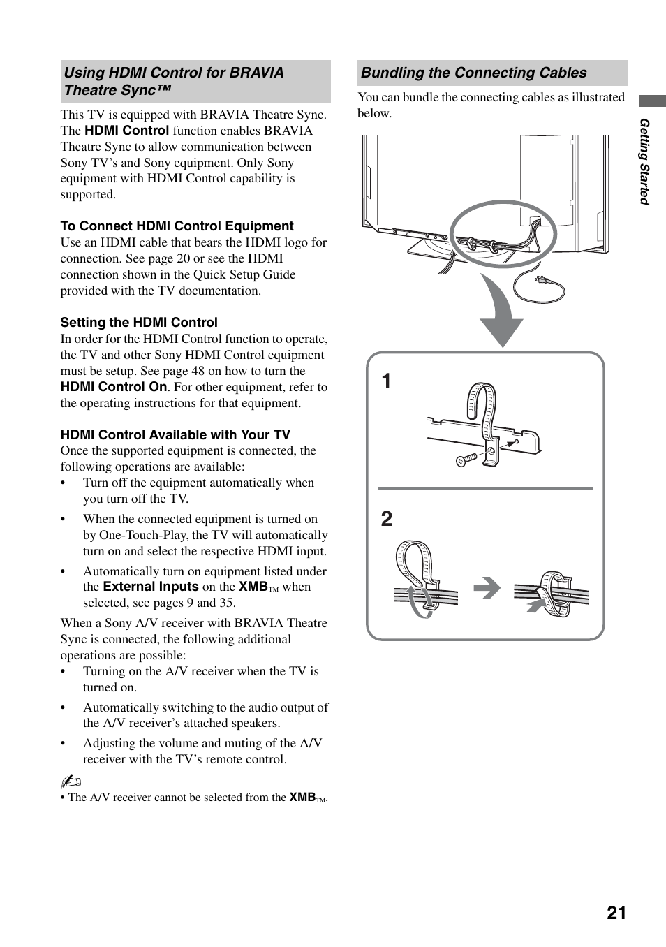 Using hdmi control for bravia theatre sync, Bundling the connecting cables, Using hdmi control for bravia theatre | Sync | Sony KDS-Z60XBR5 User Manual | Page 21 / 59