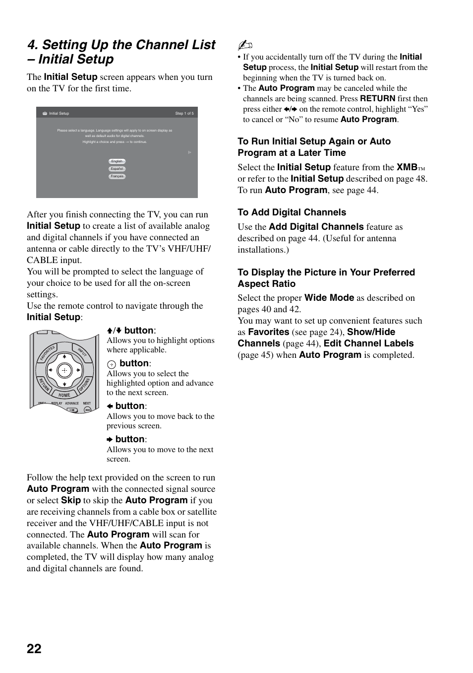 Setting up the channel list - initial setup, Setting up the channel list, Initial setup | 22 4. setting up the channel list – initial setup | Sony KDS-Z60XBR5 User Manual | Page 22 / 59