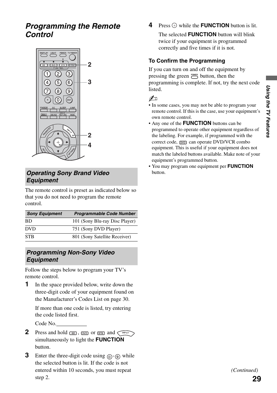 Programming the remote control, Operating sony brand video equipment, Programming non-sony video equipment | Operating sony brand video, Equipment, Programming non-sony video | Sony KDS-Z60XBR5 User Manual | Page 29 / 59