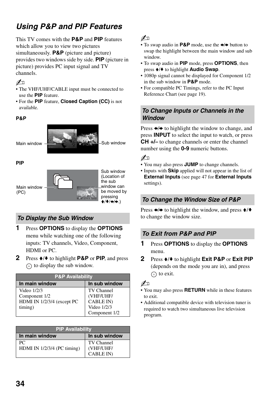 Using p&p and pip features, To display the sub window, To change inputs or channels in the window | To change the window size of p&p, To exit from p&p and pip, Window, 34 using p&p and pip features | Sony KDS-Z60XBR5 User Manual | Page 34 / 59