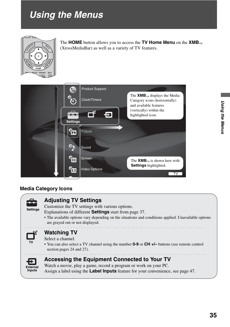 Using the menus, Adjusting tv settings, Watching tv | Accessing the equipment connected to, Your tv, Nd 35, Accessing the equipment connected to your tv | Sony KDS-Z60XBR5 User Manual | Page 35 / 59