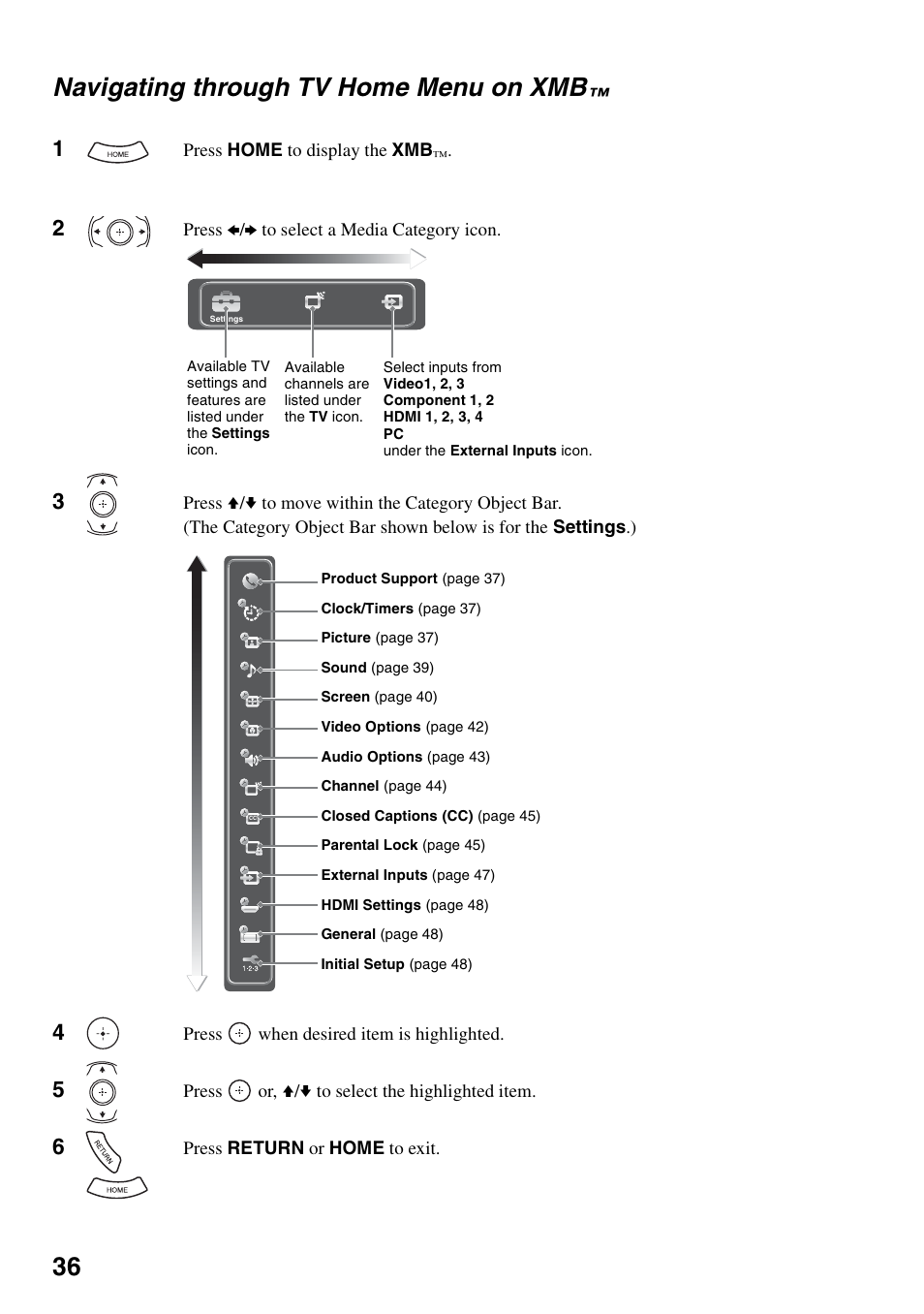 Navigating through tv home menu on xmb, Navigating through tv home menu on, 36 navigating through tv home menu on xmb | Sony KDS-Z60XBR5 User Manual | Page 36 / 59