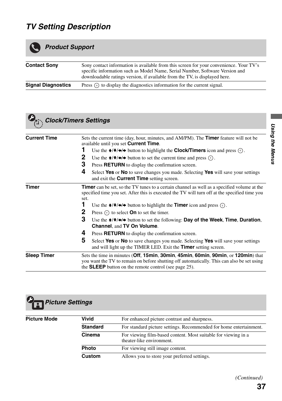 Tv setting description, Product support, Clock/timers settings | Picture settings | Sony KDS-Z60XBR5 User Manual | Page 37 / 59