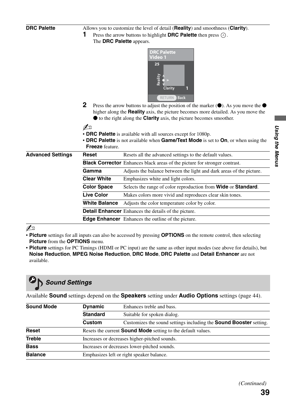 Sound settings | Sony KDS-Z60XBR5 User Manual | Page 39 / 59